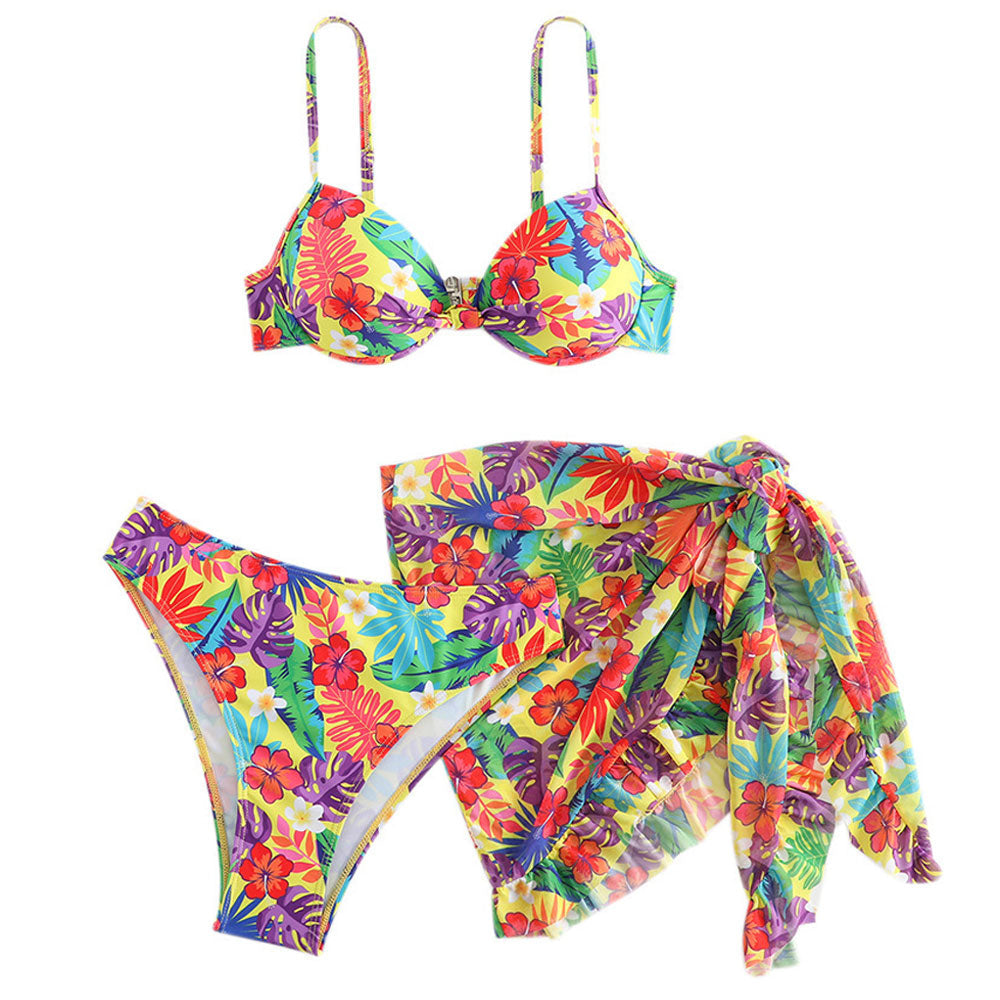 Traje de baño bikini brasileño de tres piezas con push-up y estampado floral de corte alto moderado tropical