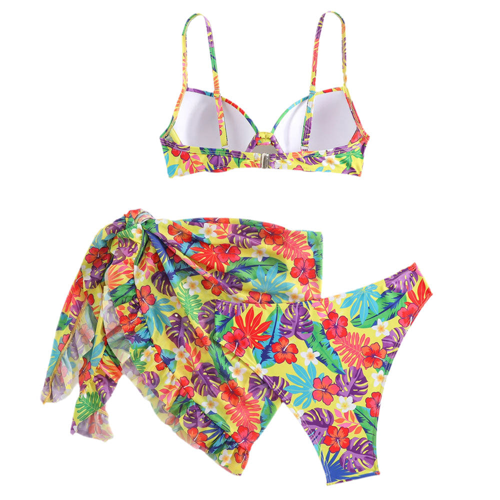 Tropical Moderate High Cut Floral Print Push Up Brazilian Three Piece Bikini Swimsuit