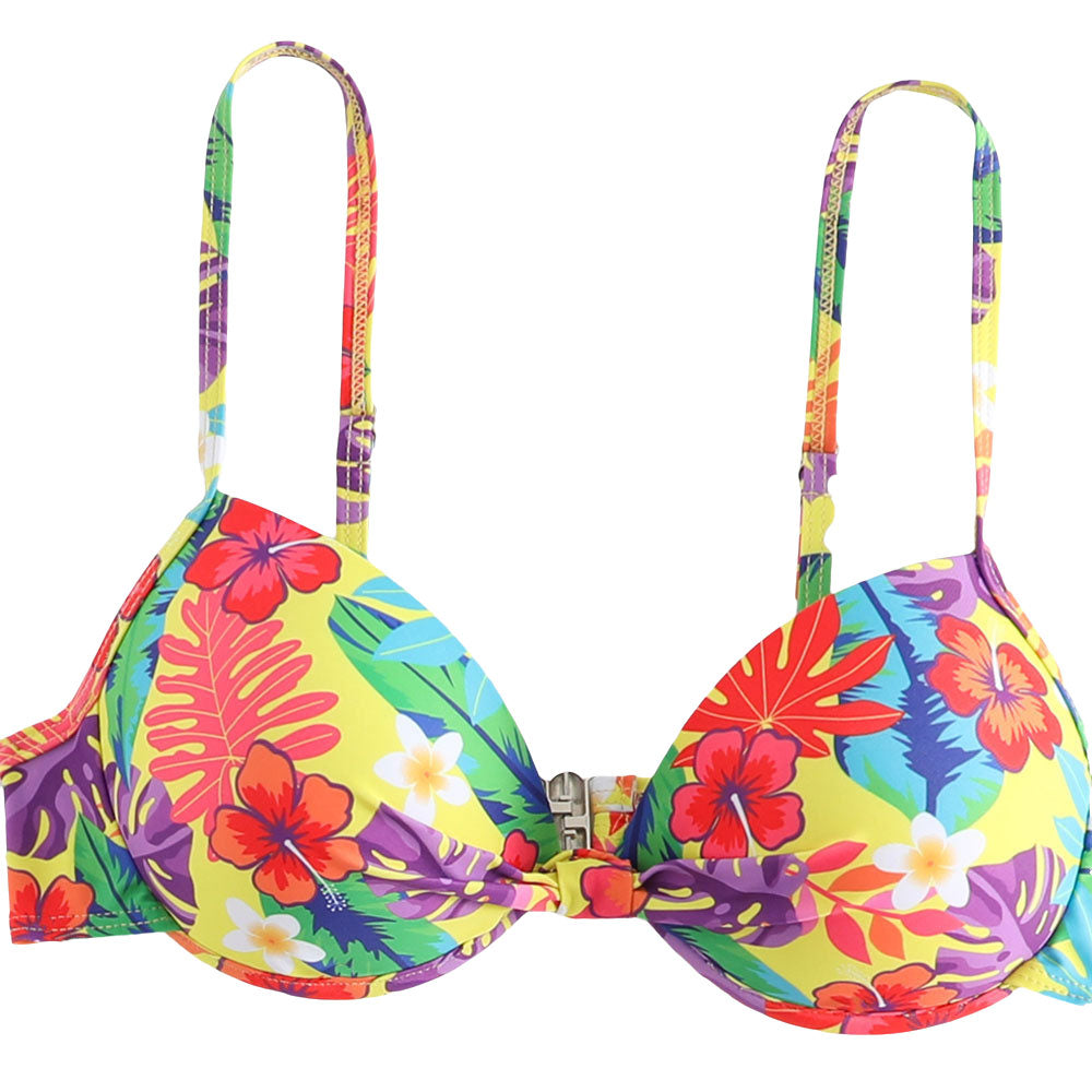 Traje de baño bikini brasileño de tres piezas con push-up y estampado floral de corte alto moderado tropical