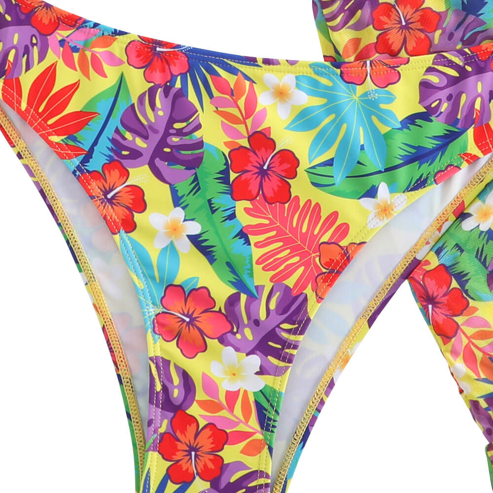 Tropical Moderate High Cut Floral Print Push Up Brazilian Three Piece Bikini Swimsuit