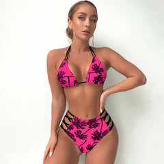 Traje de baño bikini brasileño de dos piezas con corte triangular y estampado de palmeras tropicales