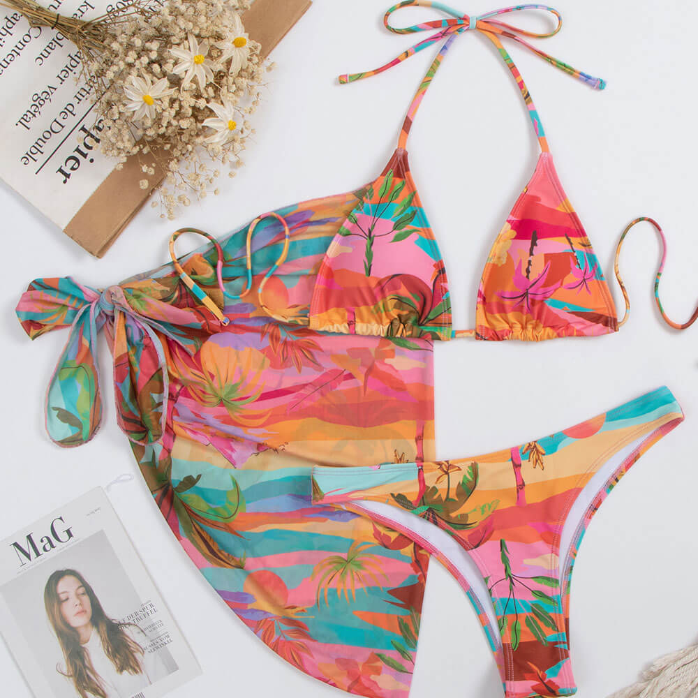 Brasilianischer dreiteiliger Bikini-Badeanzug mit hohem Schnitt und tropischem Print