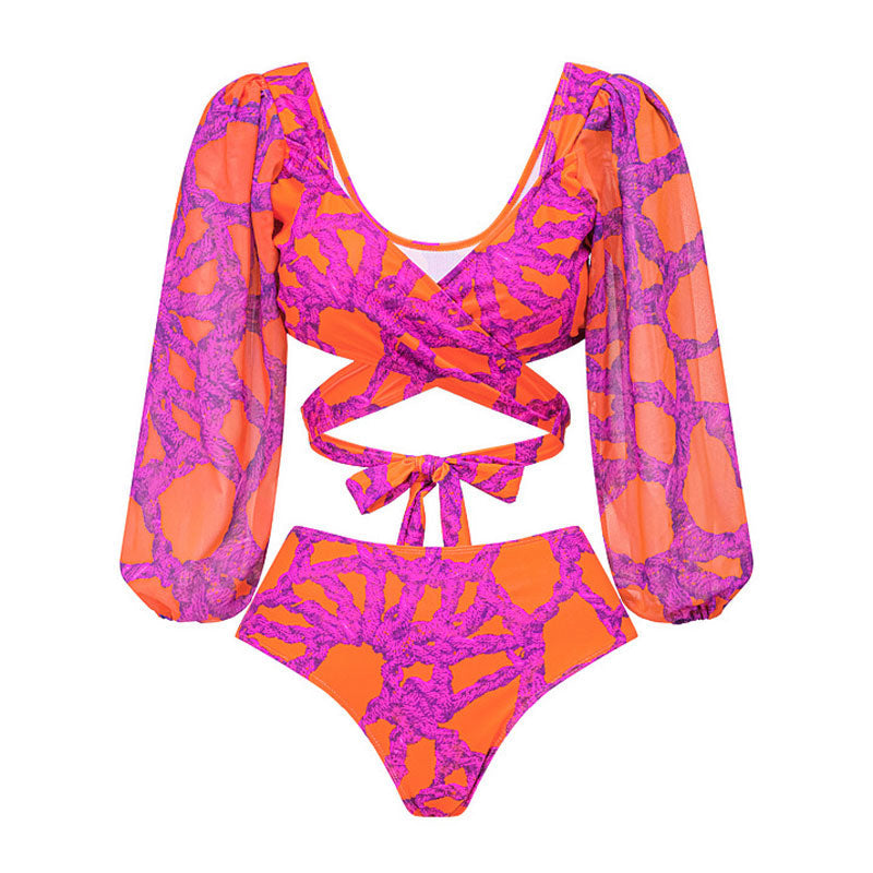 Tropical Rope Print High Waist Bishop Sleeve Wrap Brazilian Two Piece Bikini Swimsuit