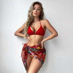 Tropical Sarong Slide Triangle String Brazilian Three Piece Bikini Swimsuit