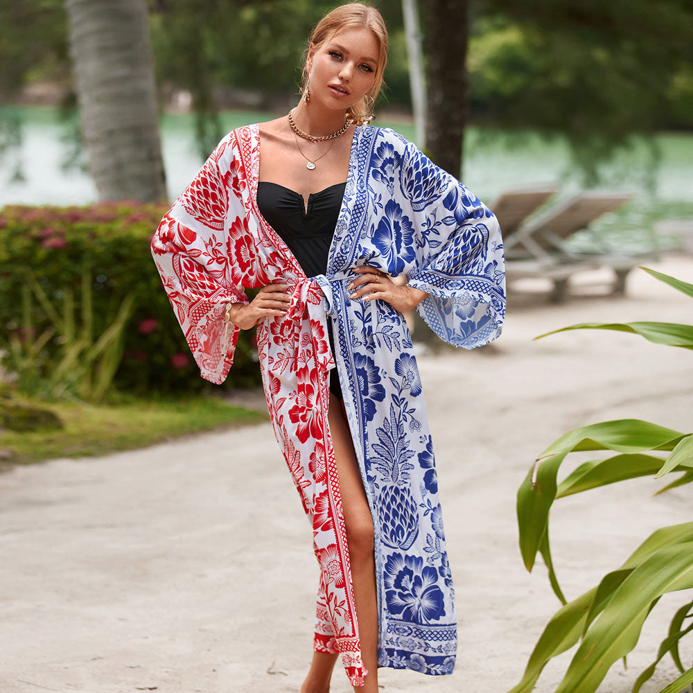 Kimono brasileño con mangas abullonadas y estampado tropical