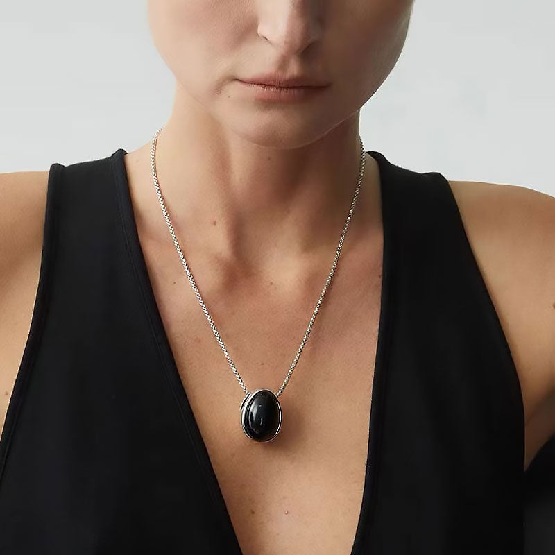 Two Tone Onyx Pebble Pendant Sterling Silver Plated Box Chain Necklace