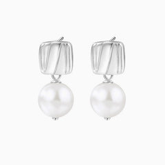 Two Tone Sterling Silver Plated Square Block Baroque Pearl Drop Earrings