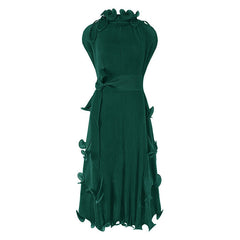 Unique Drawstring Ruffled Mock Neck Self Tie Belted Pleated Midi Dress