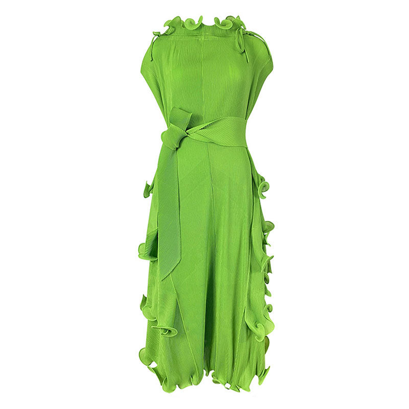 Unique Drawstring Ruffled Mock Neck Self Tie Belted Pleated Midi Dress