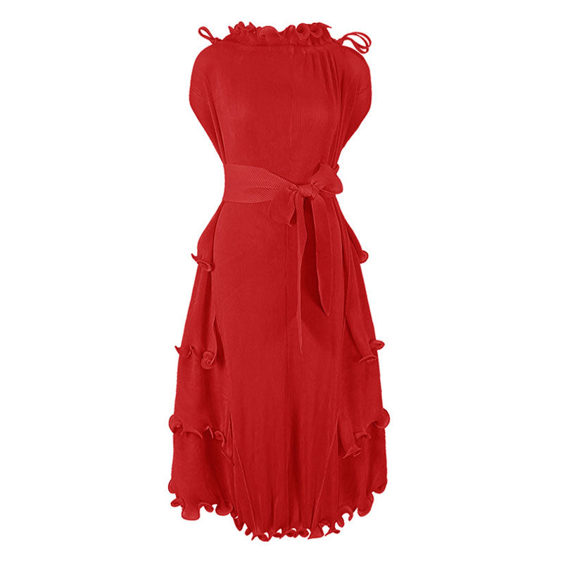 Unique Drawstring Ruffled Mock Neck Self Tie Belted Pleated Midi Dress