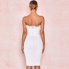 Unique Feather Trim Strapless Bandage Cocktail Party Midi Dress - White