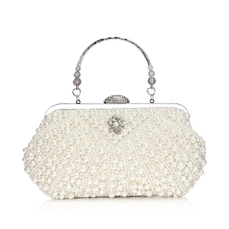 Bolso de mano con asa superior de perlas y adornos de diamantes de imitación - Beige