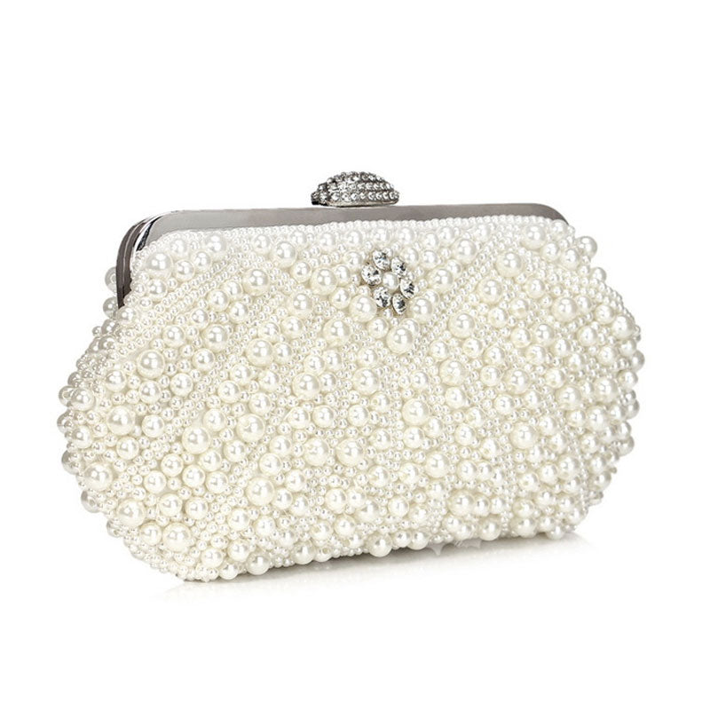 Bolso de mano con asa superior de perlas y adornos de diamantes de imitación - Beige