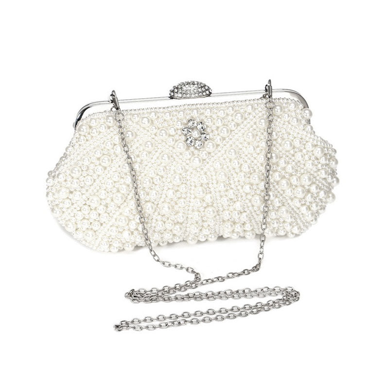 Bolso de mano con asa superior de perlas y adornos de diamantes de imitación - Beige