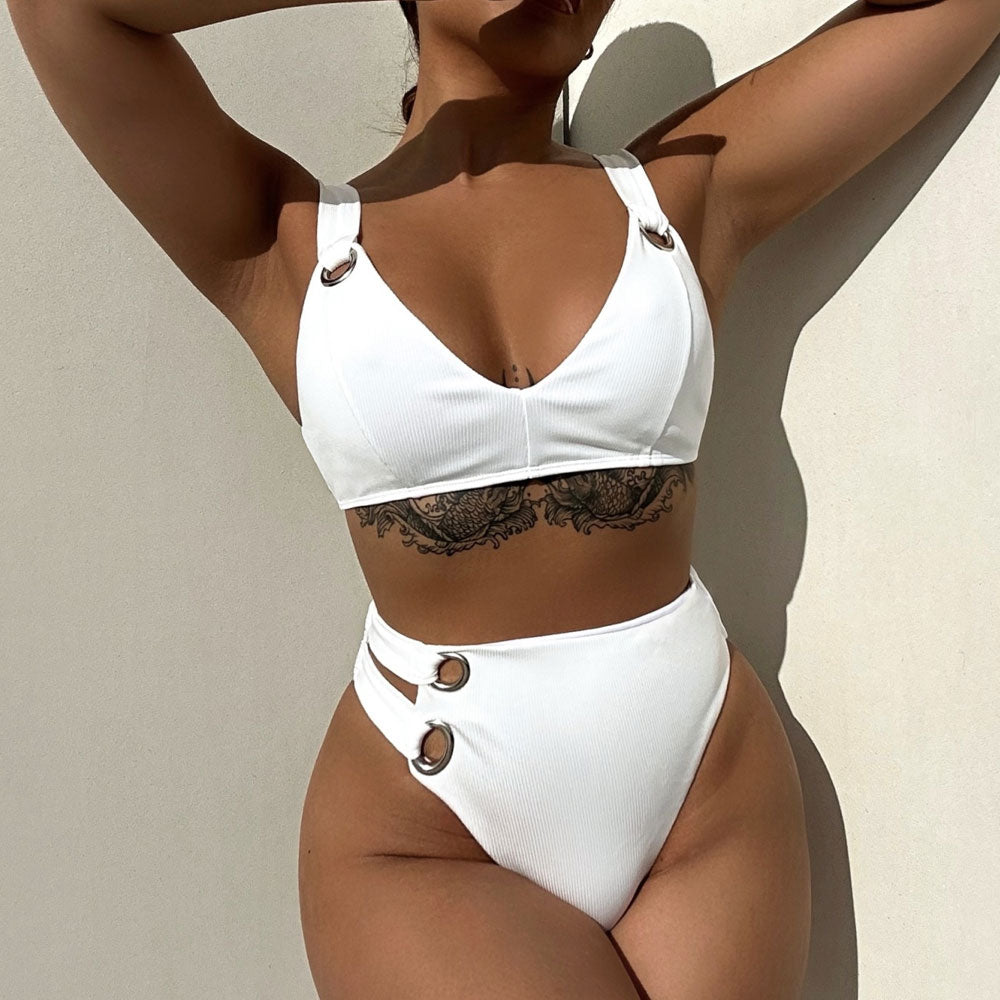 Unique Rib O Ring Cutout High Waist V Neck Brazilian Two Piece Bikini Swimsuit