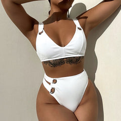 Unique Rib O Ring Cutout High Waist V Neck Brazilian Two Piece Bikini Swimsuit