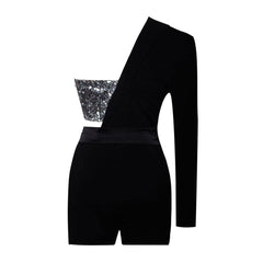 Unique Sequin Embellished Deconstructed Hybrid One Shoulder BlazerRomper