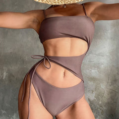 Unique Solid Color Square Neck Tie Side String Cutout Brazilian One Piece Swimsuit