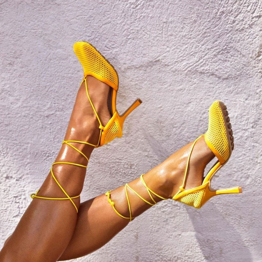 Unique Square Toe Mesh Net High Heel Pumps - Yellow