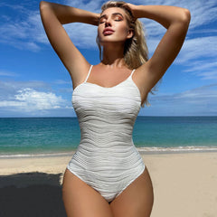 Unique Textured Spaghetti Strap Asymmetric Brazilian One Piece Swimsuit