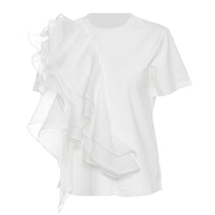 Unique Tiered Ruffle Detail Round Neck Short Sleeve Cotton Blend Top