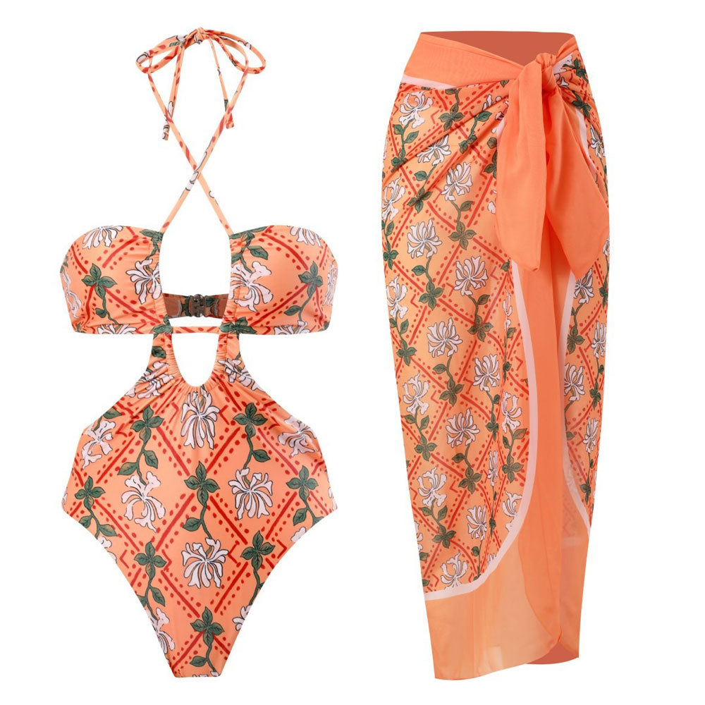 Urlaub Blumendruck Langer Sarong Cutout Neckholder Monokini Brasilianischer Einteiler Badeanzug