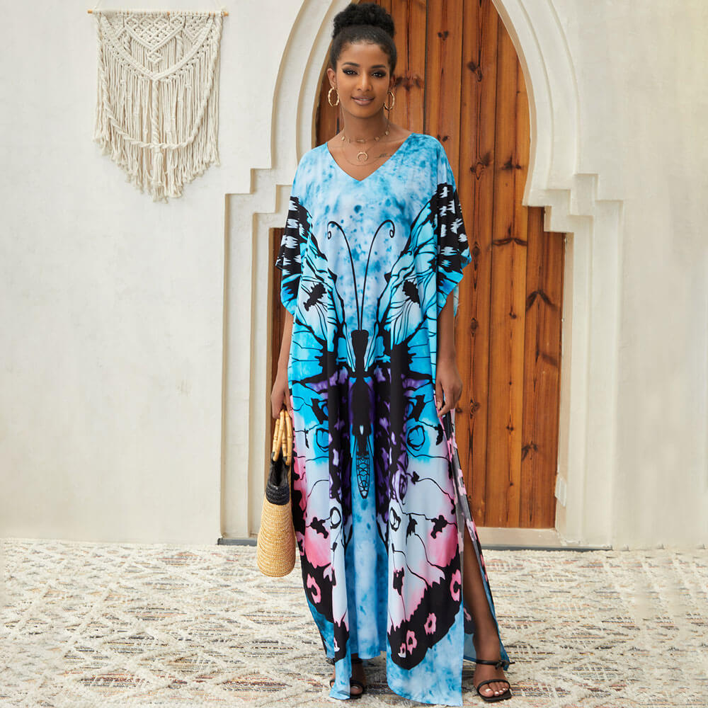 Vacation Ready Butterfly Print Short Sleeve Brazilian Caftan Cover Up Maxi Dress