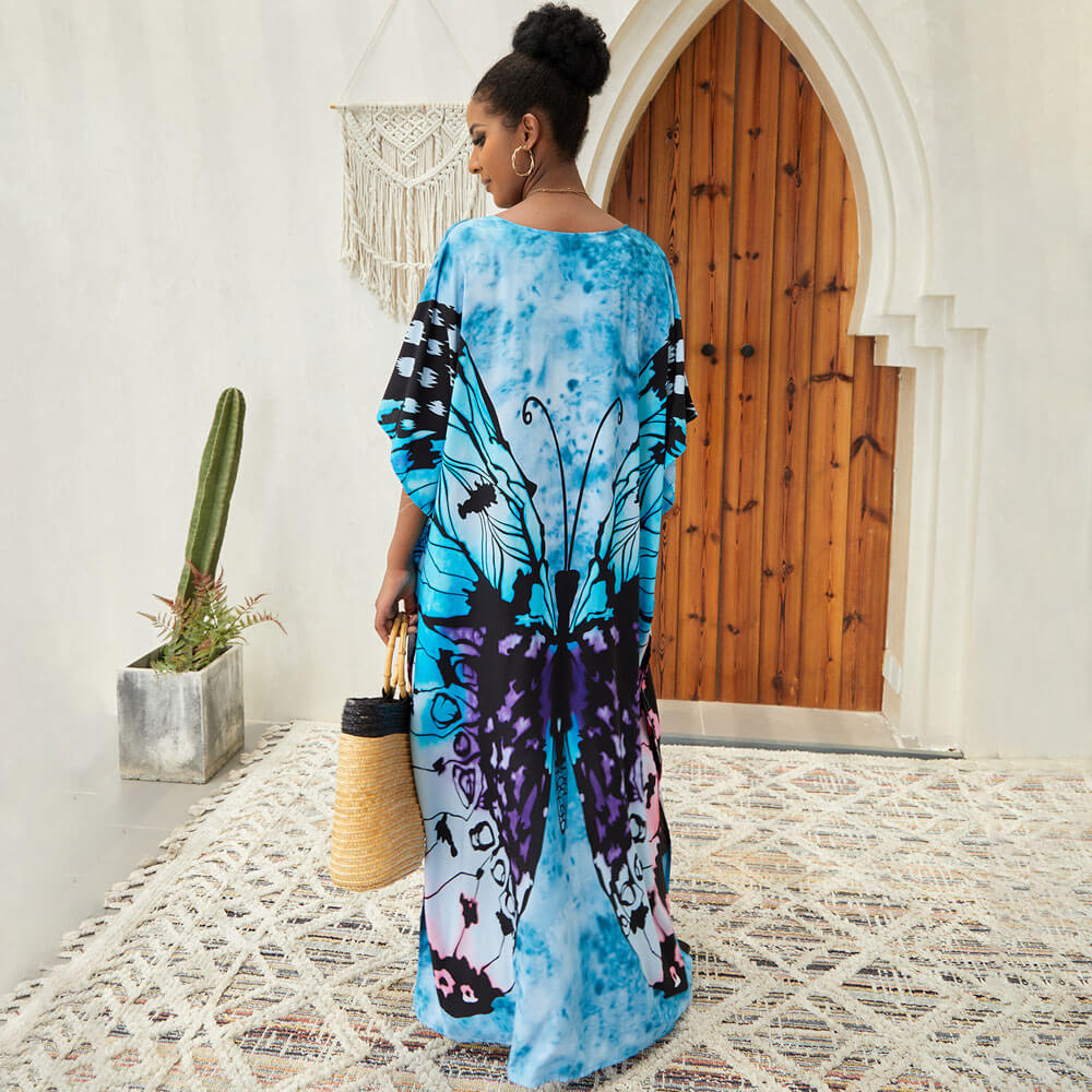 Vacation Ready Butterfly Print Short Sleeve Brazilian Caftan Cover Up Maxi Dress