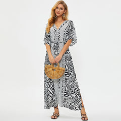 Versatile Floral Printed Zebra Pattern Belted Summer Caftan Beach Cover Up