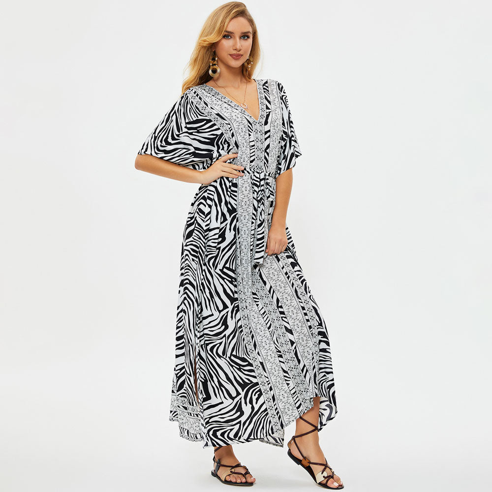 Versatile Floral Printed Zebra Pattern Belted Summer Caftan Beach Cover Up