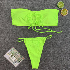 Versatile Neon Tie Front String Bandeau Brazilian Two Piece Bikini Swimsuit