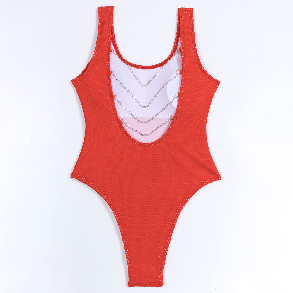 Vibrant Chain String Open Back Cheeky Textured Brazilian One Piece Swimsuit