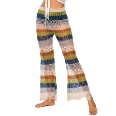 Vibrant Rainbow Striped High Waist Crochet Split Brazilian Beach Cover Up Pants