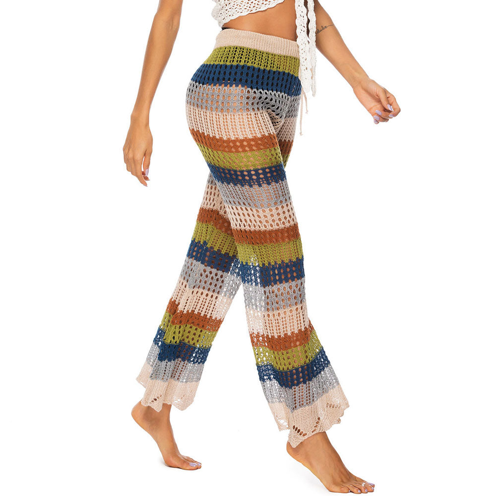 Vibrant Rainbow Striped High Waist Crochet Split Brazilian Beach Cover Up Pants