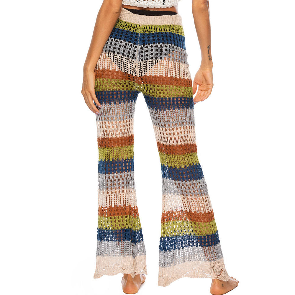 Vibrant Rainbow Striped High Waist Crochet Split Brazilian Beach Cover Up Pants