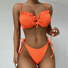 Vibrant Ribbed Ruffle Tie String Underwire Brazilian Two Piece Bikini Swimsuit