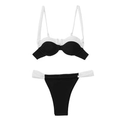 Traje de baño bikini brasileño de dos piezas con aros, estilo vintage, en blanco y negro