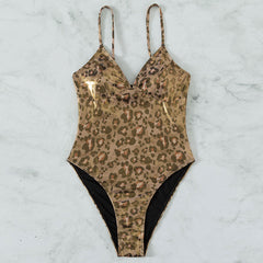 Vintage Cheetah Print Spaghetti Strap V Neck Brazilian One Piece Swimsuit