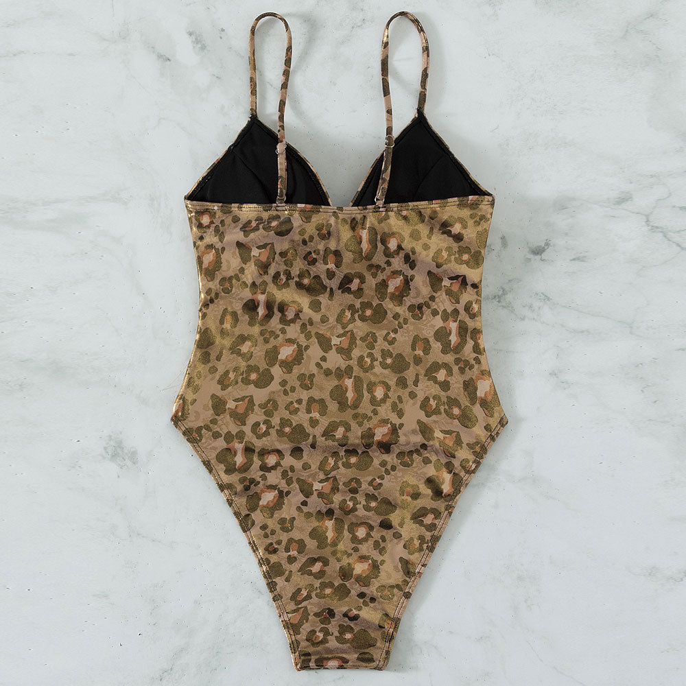 Vintage Cheetah Print Spaghetti Strap V Neck Brazilian One Piece Swimsuit