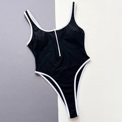 Vintage Contrast Piping High Leg Cheeky Zip Up Brazilian One Piece Swimsuit