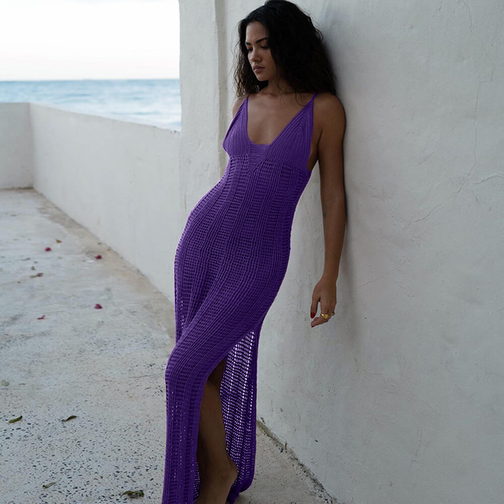 Vintage Deep V High Slit Crochet Knit Brazilian Maxi Beach Cover Up