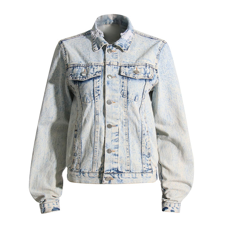 Vintage Distressed Ripped Detail Button-Down Acid Wash Jeansjacke