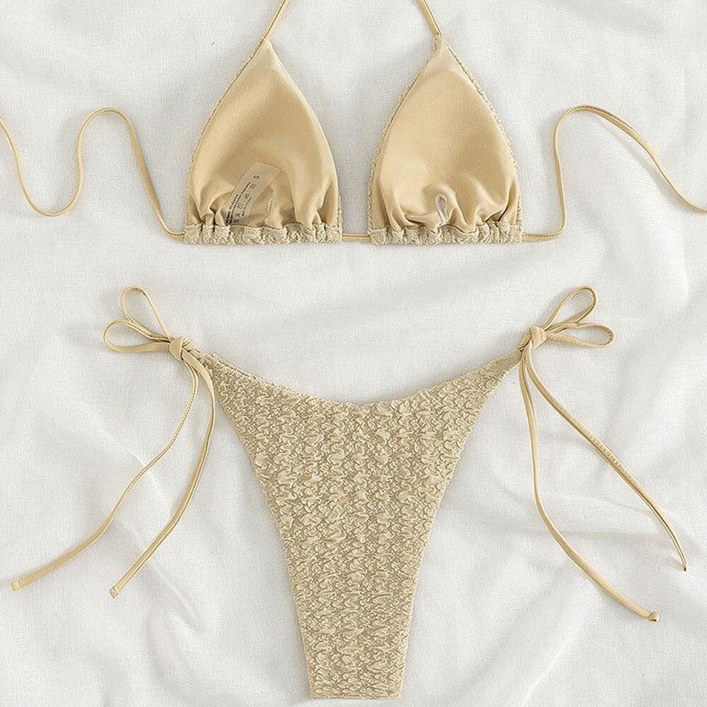 Vintage Embossed Tie String Cheeky Triangle Brazilian Two Piece Bikini Swimsuit