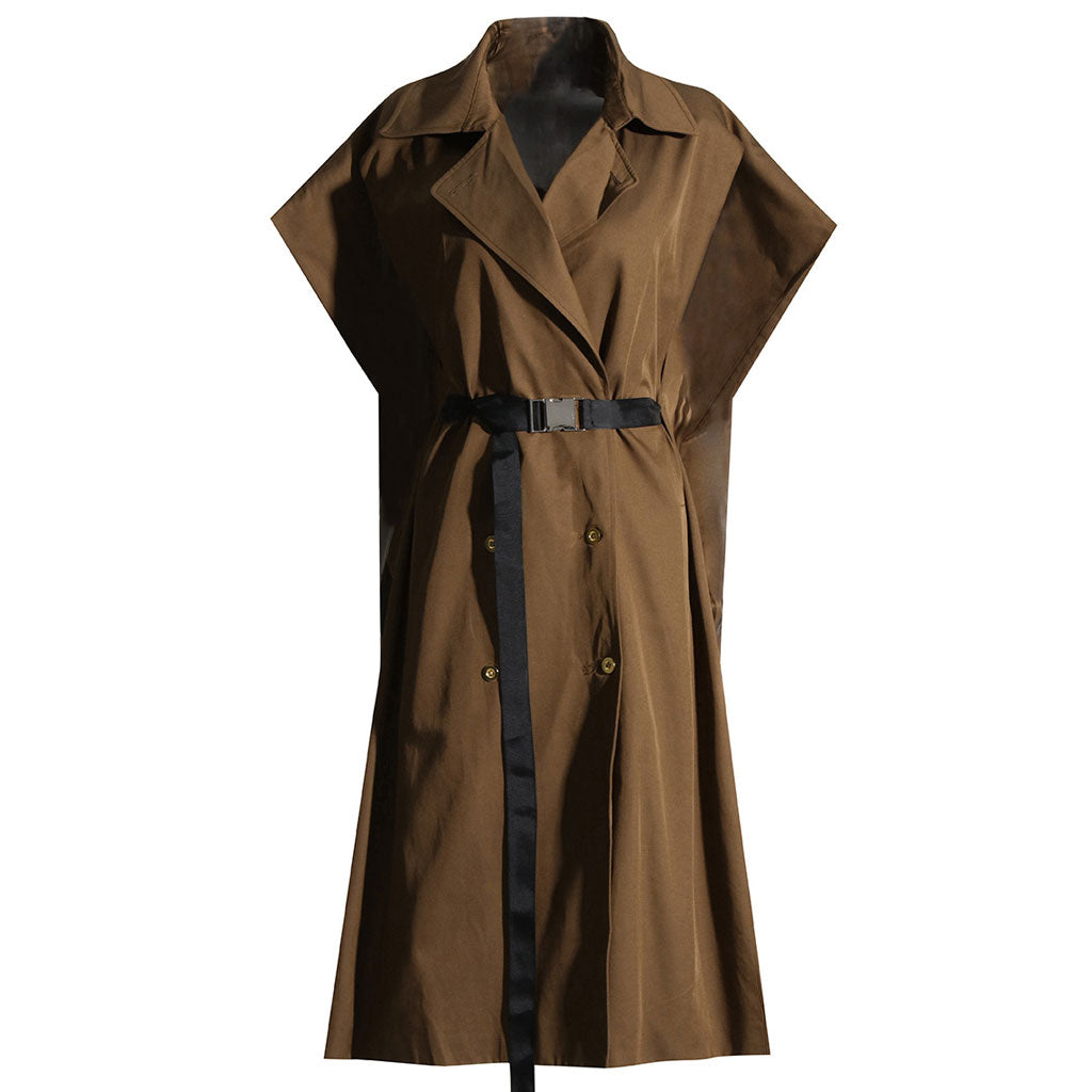 Vintage Zweireihiger Trenchcoat mit verlängerter Schulterpartie und Gürtel - Braun