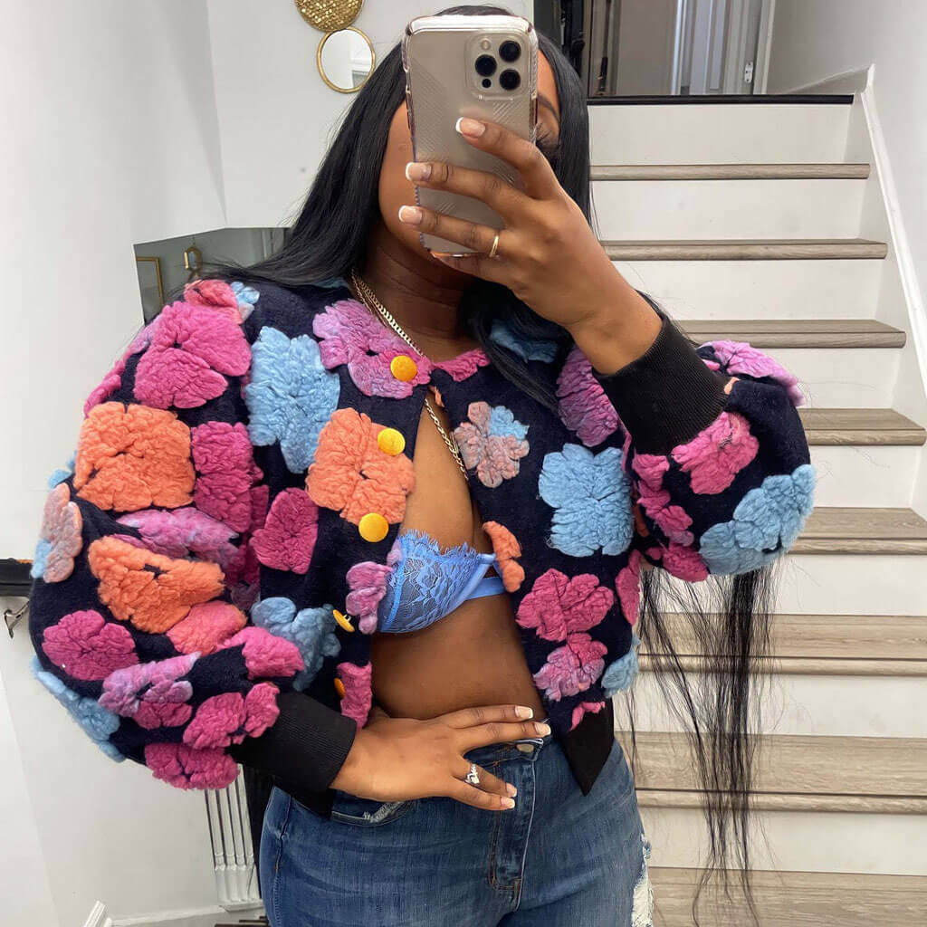 Vintage Flocked Floral Crew Neck Bishop Sleeve Button Front Crop Bombe