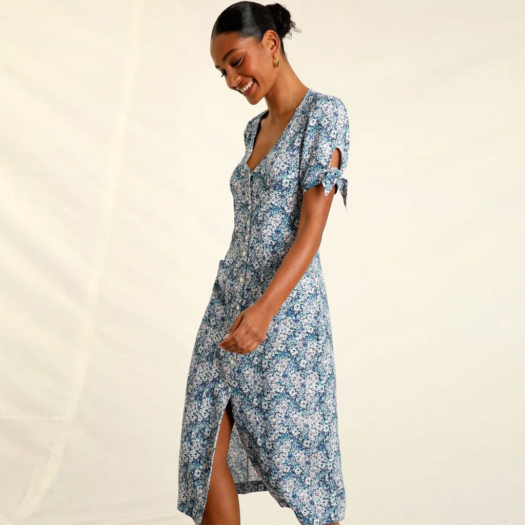 Vintage Floral Print V Neck Button Up Bow Tie Puff Sleeve Midi Dress - Blue