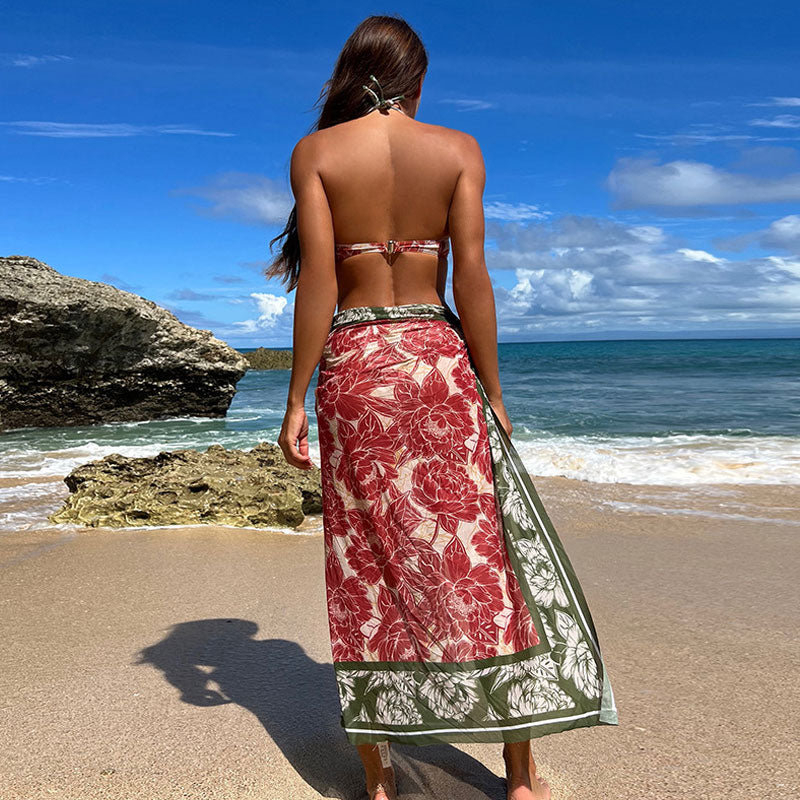 Brasilianischer dreiteiliger Bikini-Badeanzug mit seitlicher Schnürung und Bügel im Vintage-Stil mit Blumenmuster und Neckholder