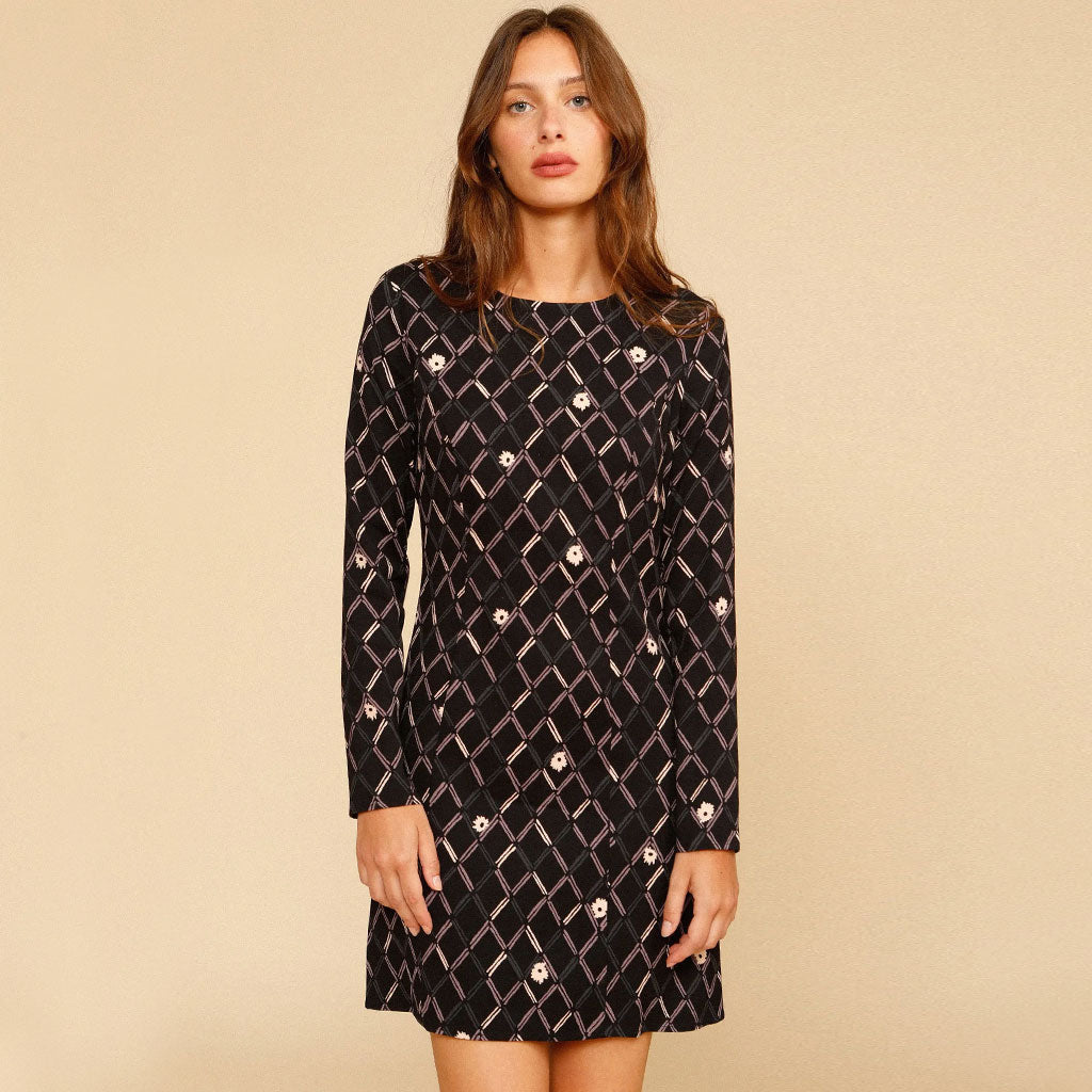 Vintage Geometric Printed Long Sleeve Scoop Neck Mini Dress - Black