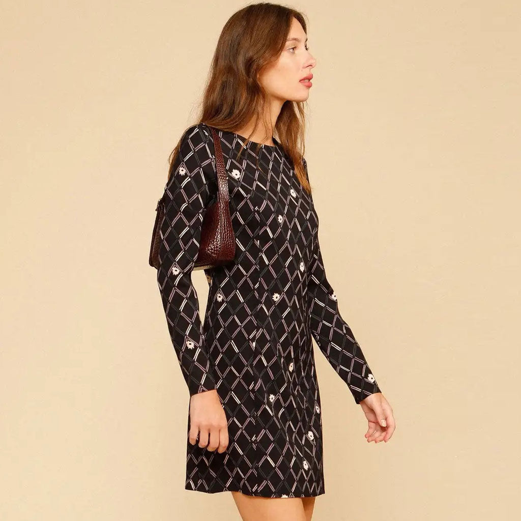 Vintage Geometric Printed Long Sleeve Scoop Neck Mini Dress - Black