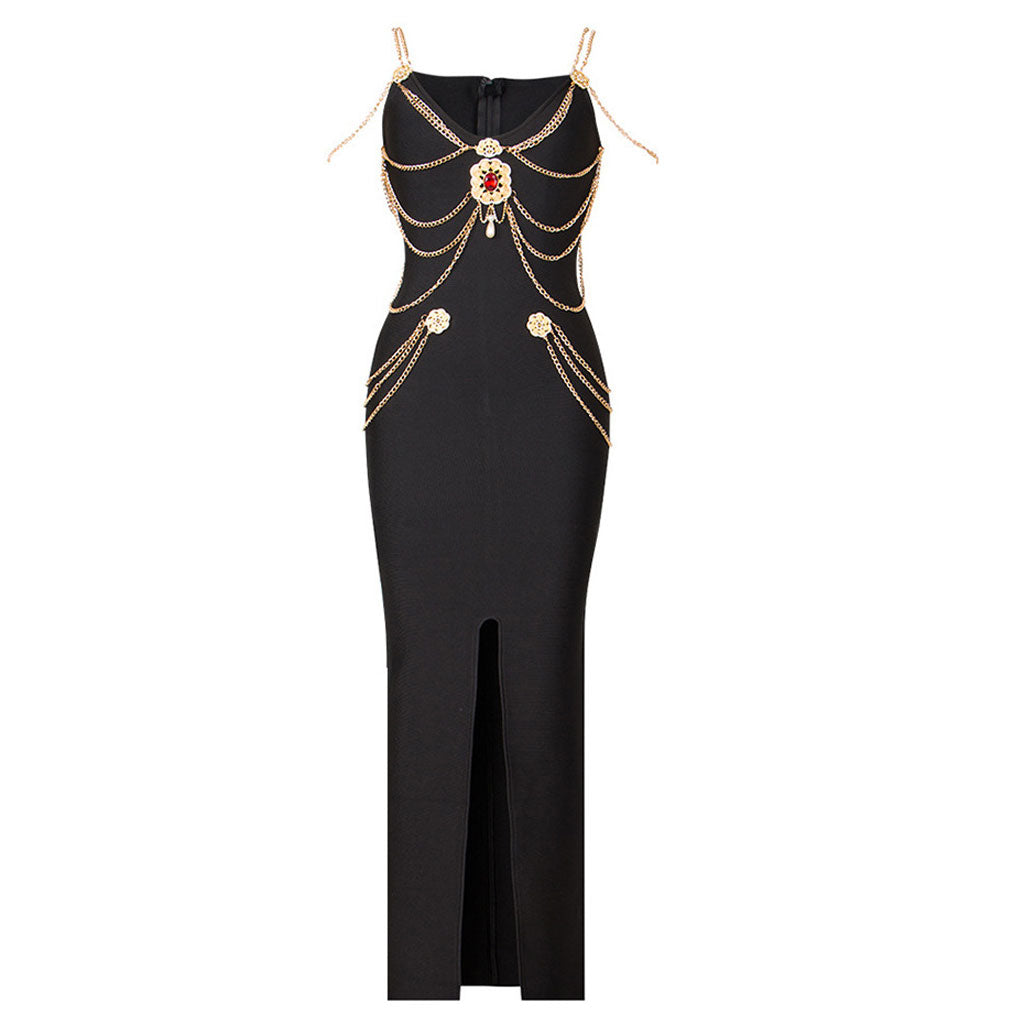 Vintage Gold Chain Strappy Deep V Evening Maxi Dress - Black